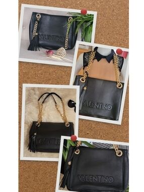 Valentino Leather Shoulder Bag with Gold Chain Black